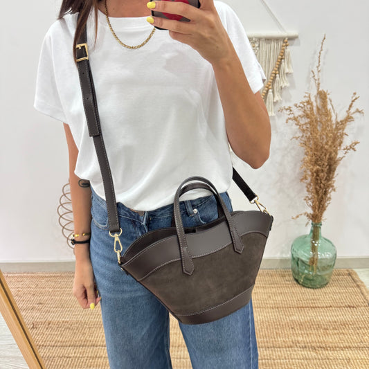 Mini Tote estructurado en piel y serraje marrón