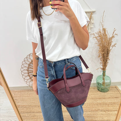 Mini Tote estructurado en piel y serraje granate