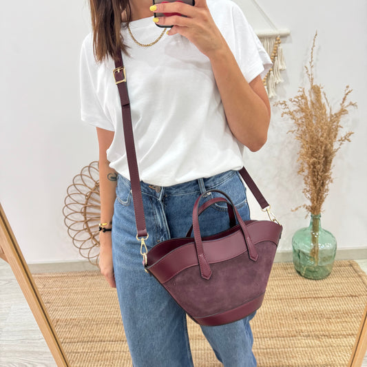 Mini Tote estructurado en piel y serraje granate
