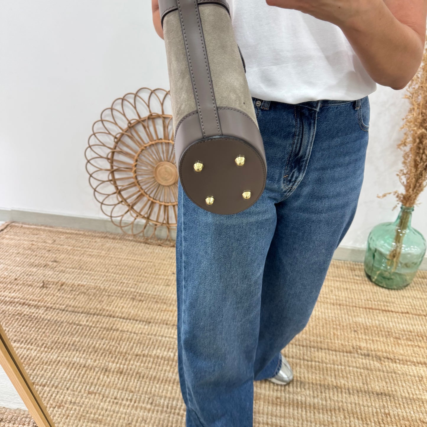 Mini Tote estructurado en piel y serraje taupe