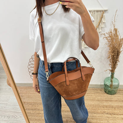 Mini Tote estructurado en piel y serraje camel