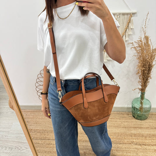 Mini Tote estructurado en piel y serraje camel