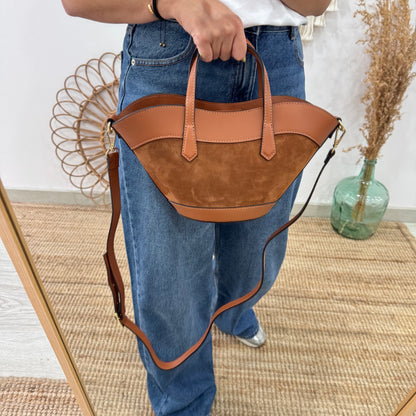 Mini Tote estructurado en piel y serraje camel