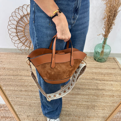 Mini Tote estructurado en piel y serraje camel