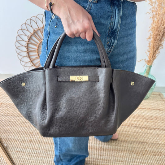 Bolso tote cierre piel marrón