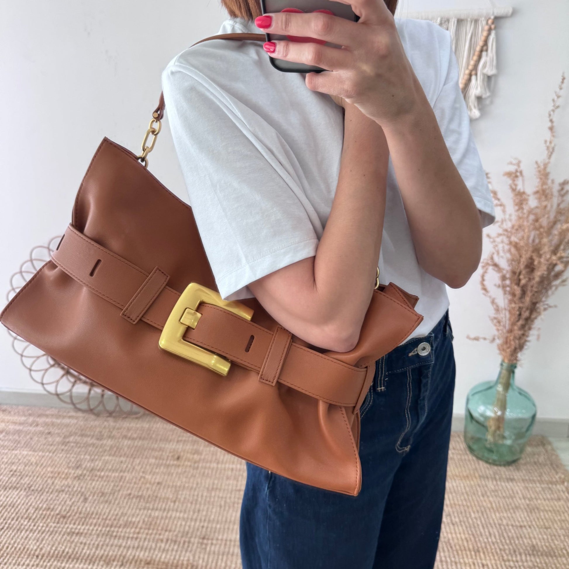 Bolso fruncido hebilla piel camel - Bubbleshopbcn
