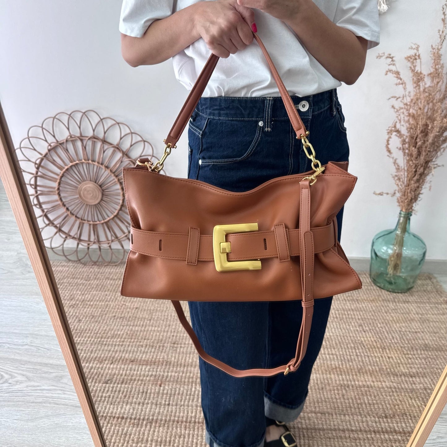 Bolso fruncido hebilla piel camel - Bubbleshopbcn