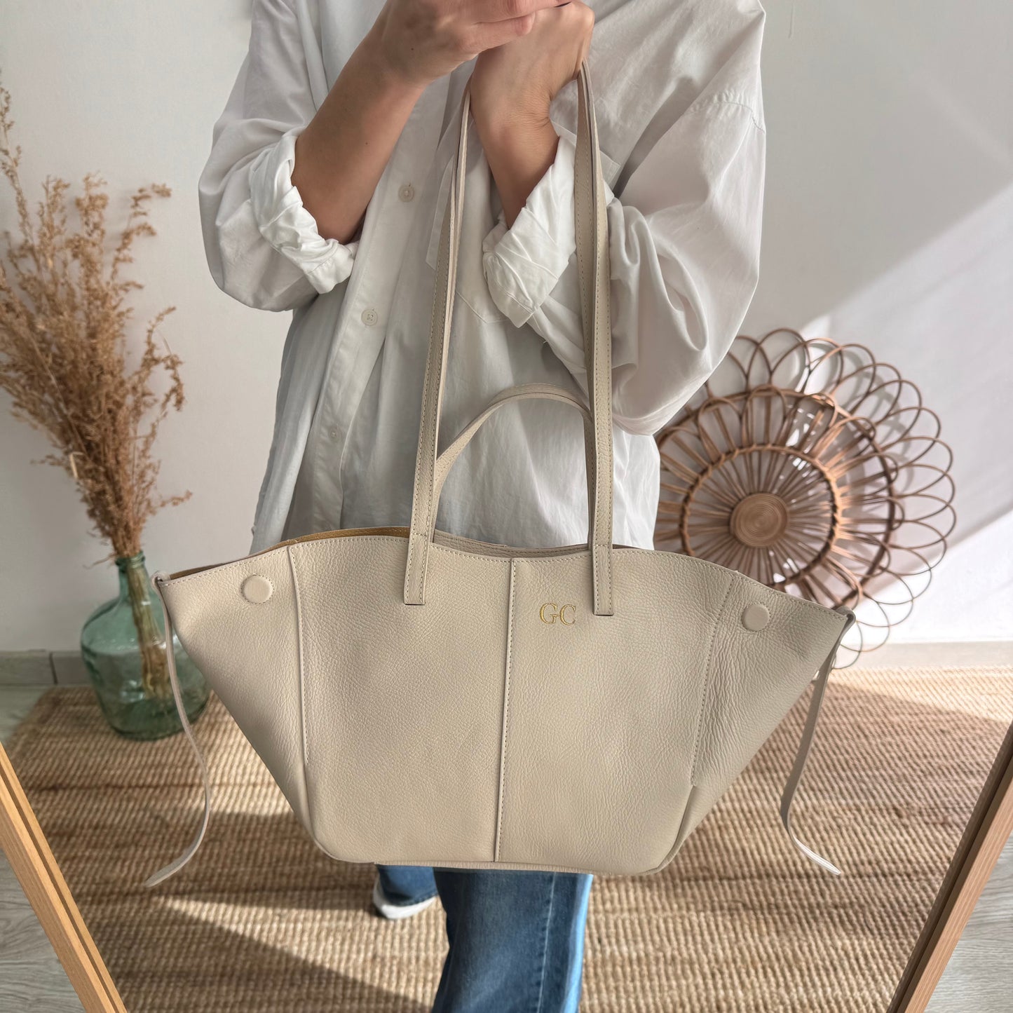 Bolso tote beige piel