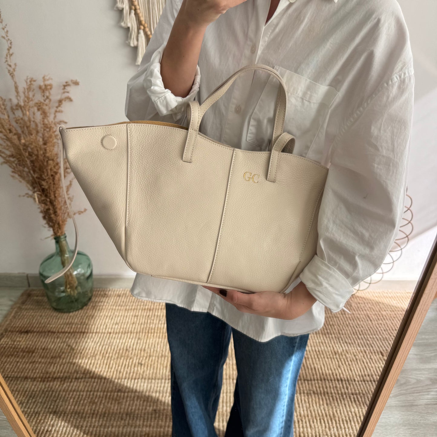 Bolso tote beige piel