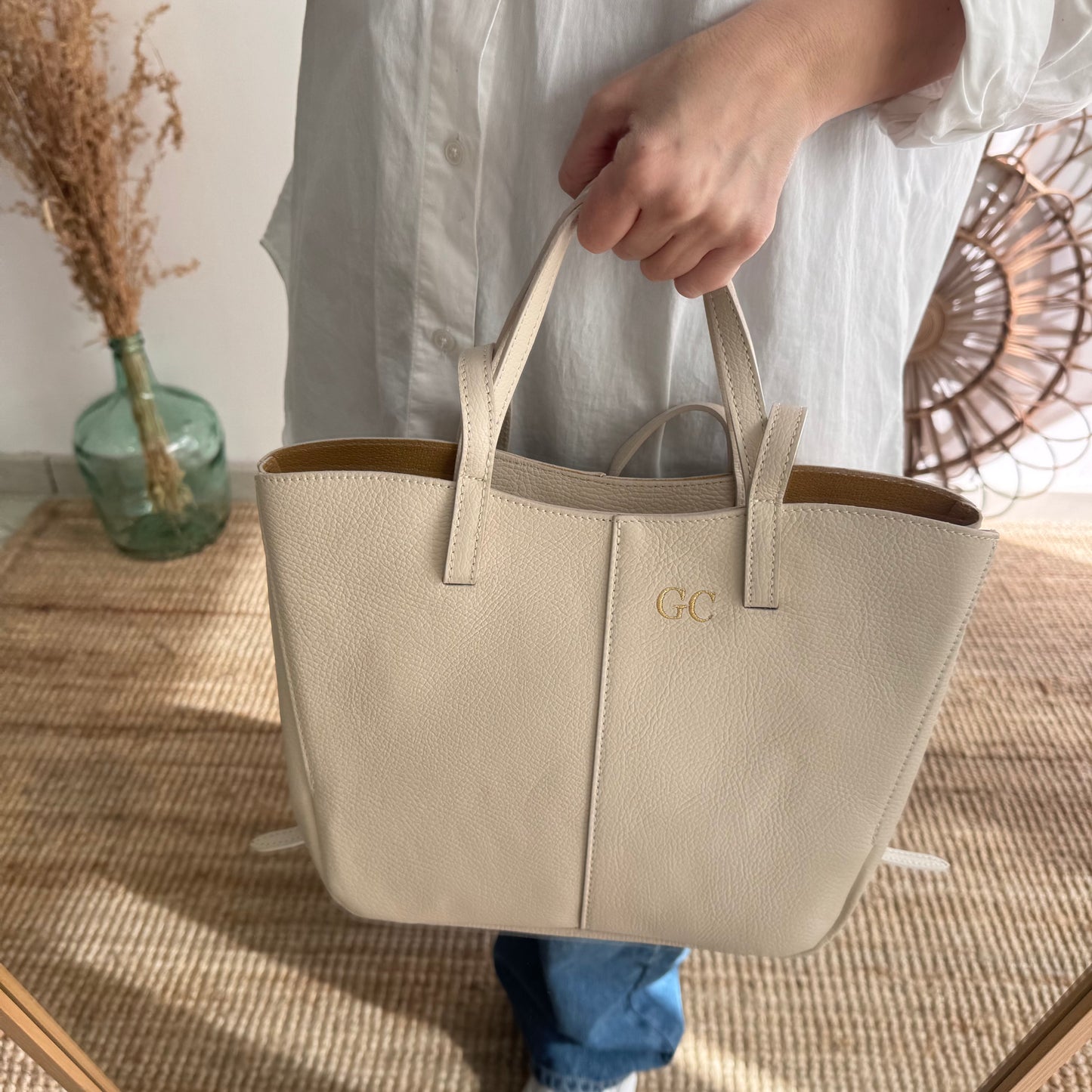 Bolso tote beige piel