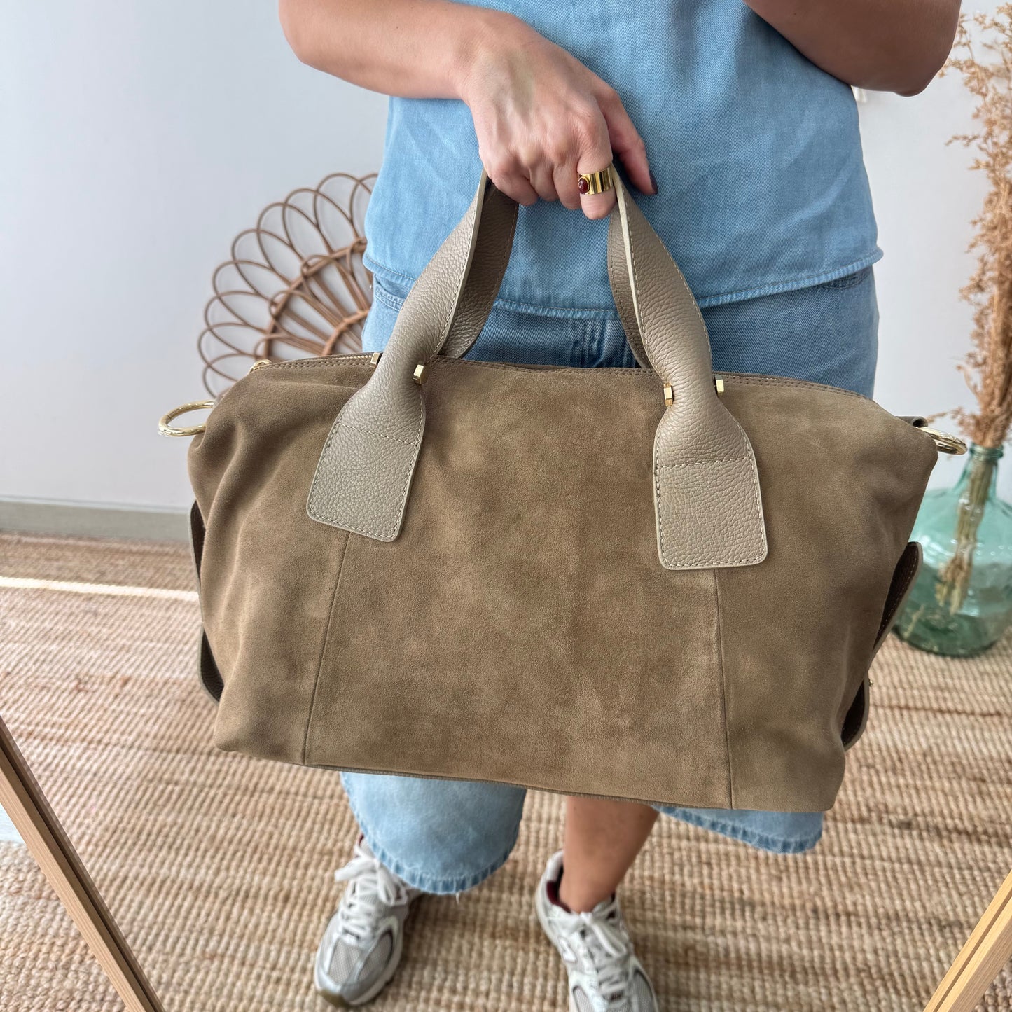 Bolso Bowling de Serraje y Piel taupe