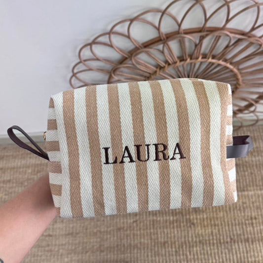 Neceser algodón rayas taupe iniciales bordadas - Bubbleshopbcn