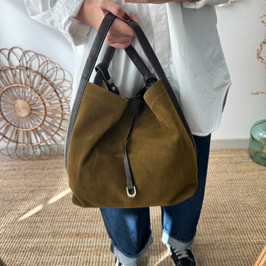 Bolso saco piel y serraje caqui