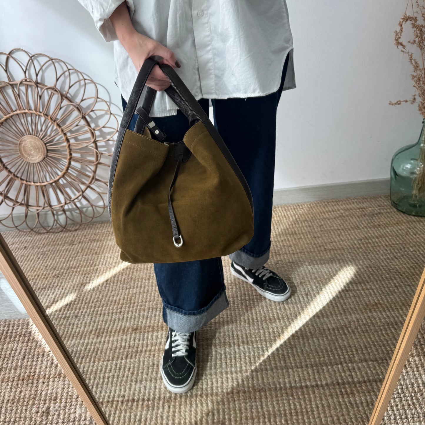 Bolso saco piel y serraje caqui