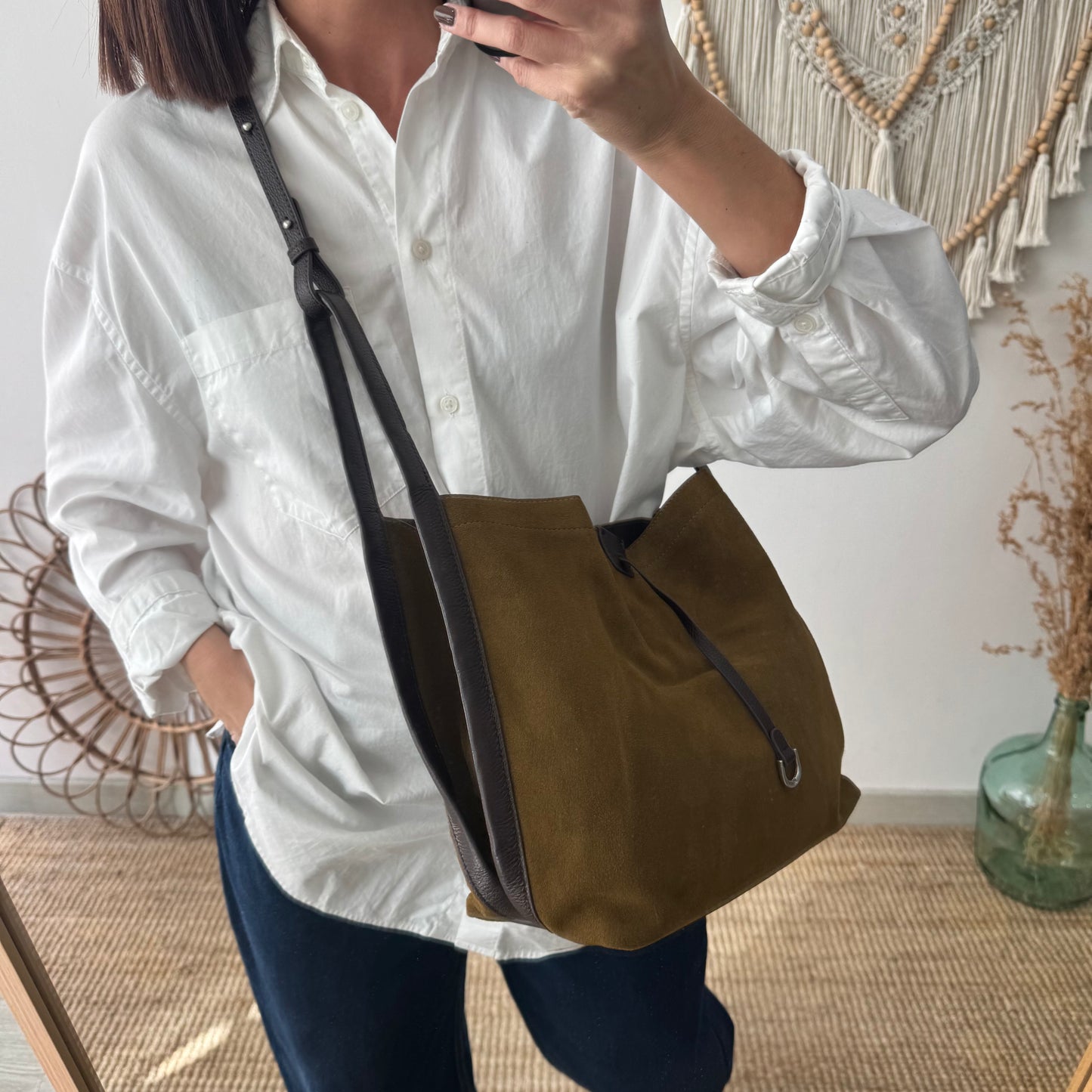 Bolso saco piel y serraje caqui
