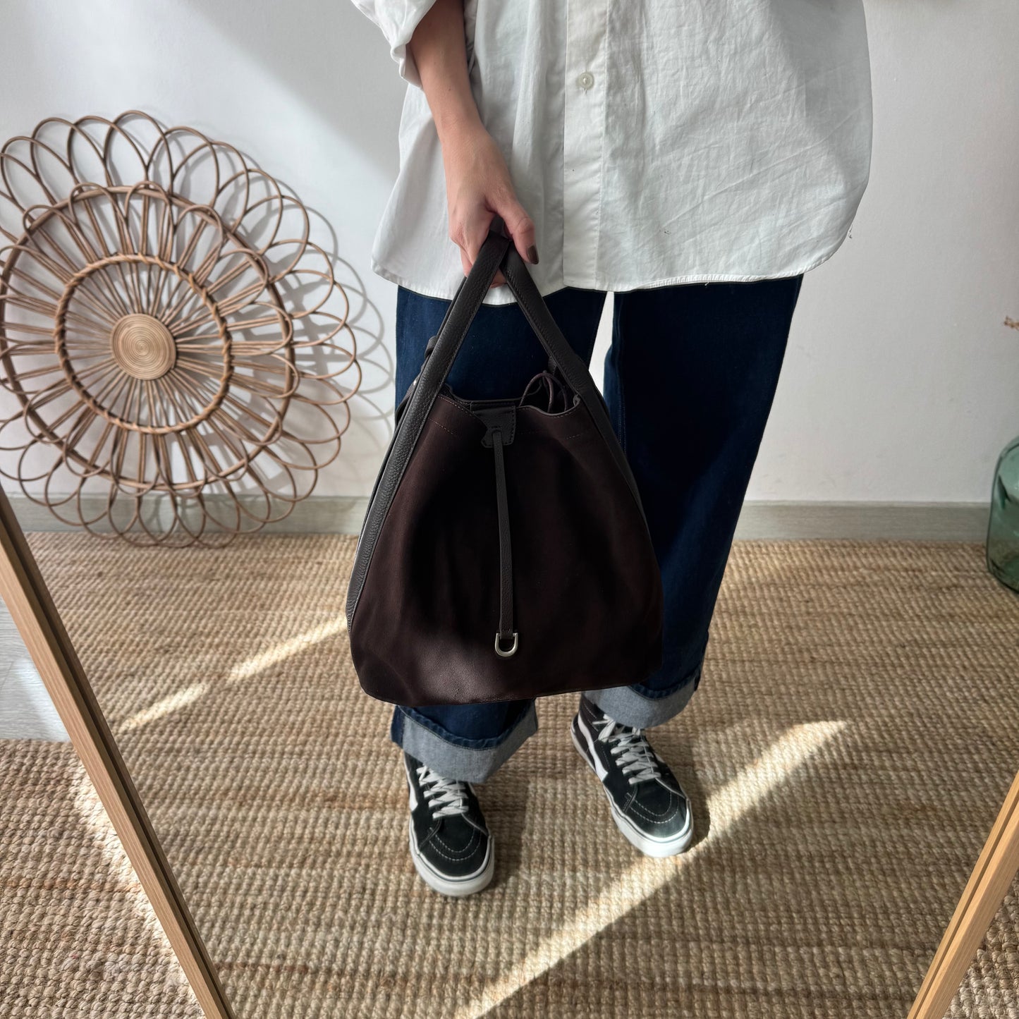 Bolso saco piel y serraje marrón chocolate