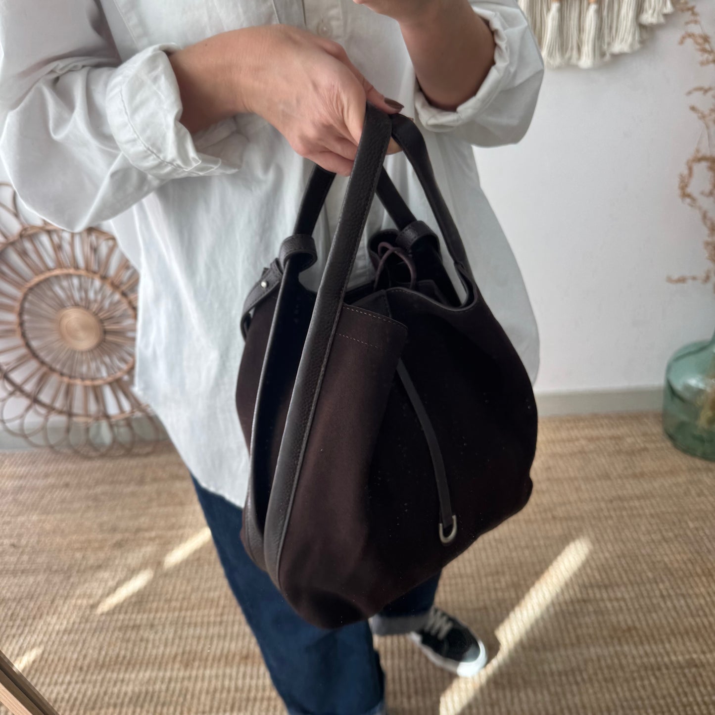 Bolso saco piel y serraje marrón chocolate