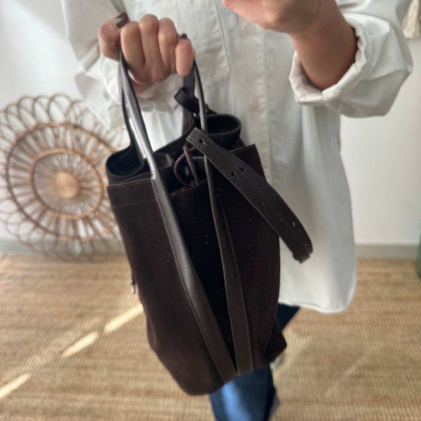 Bolso saco piel y serraje marrón chocolate
