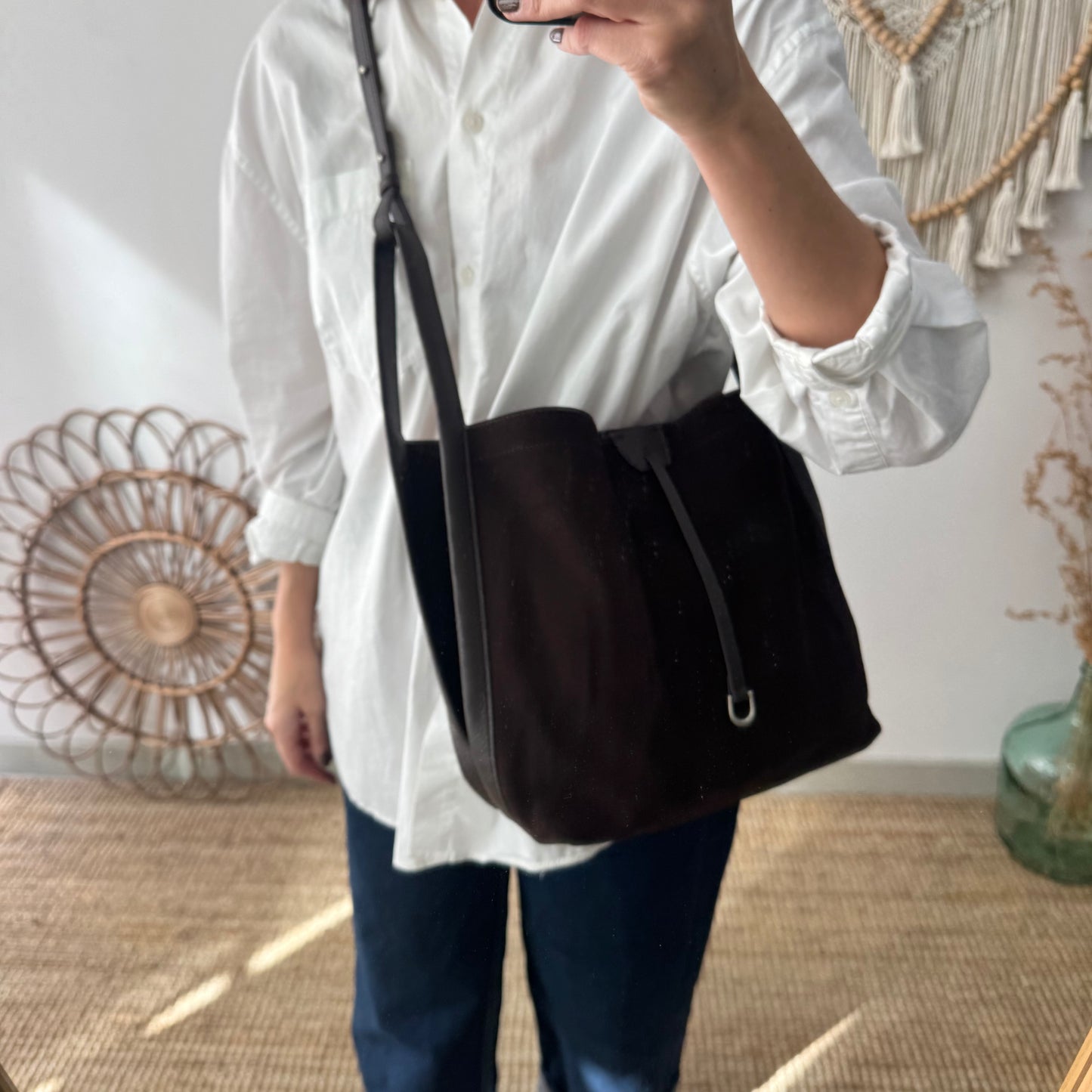 Bolso saco piel y serraje marrón chocolate