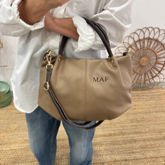 Bolso piel taupe asas contraste marrón
