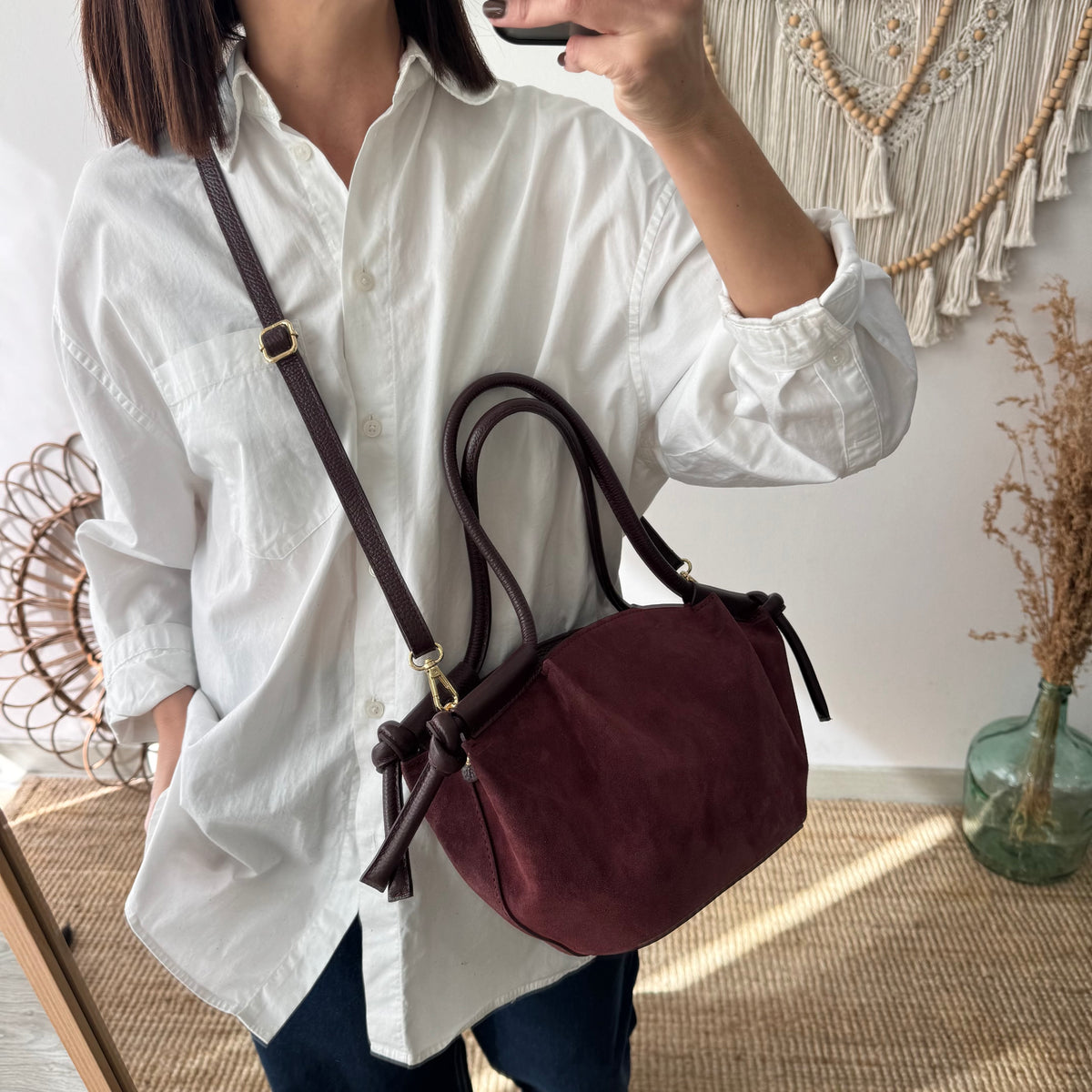 Bolso fruncido lateral combinado granate