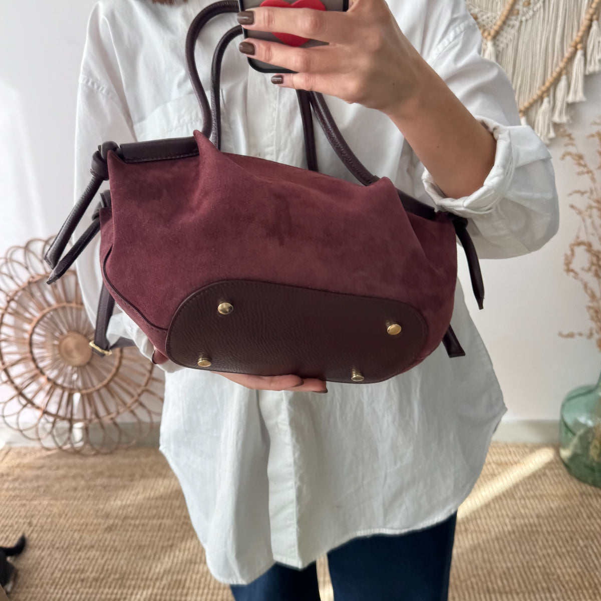 Bolso fruncido lateral combinado granate