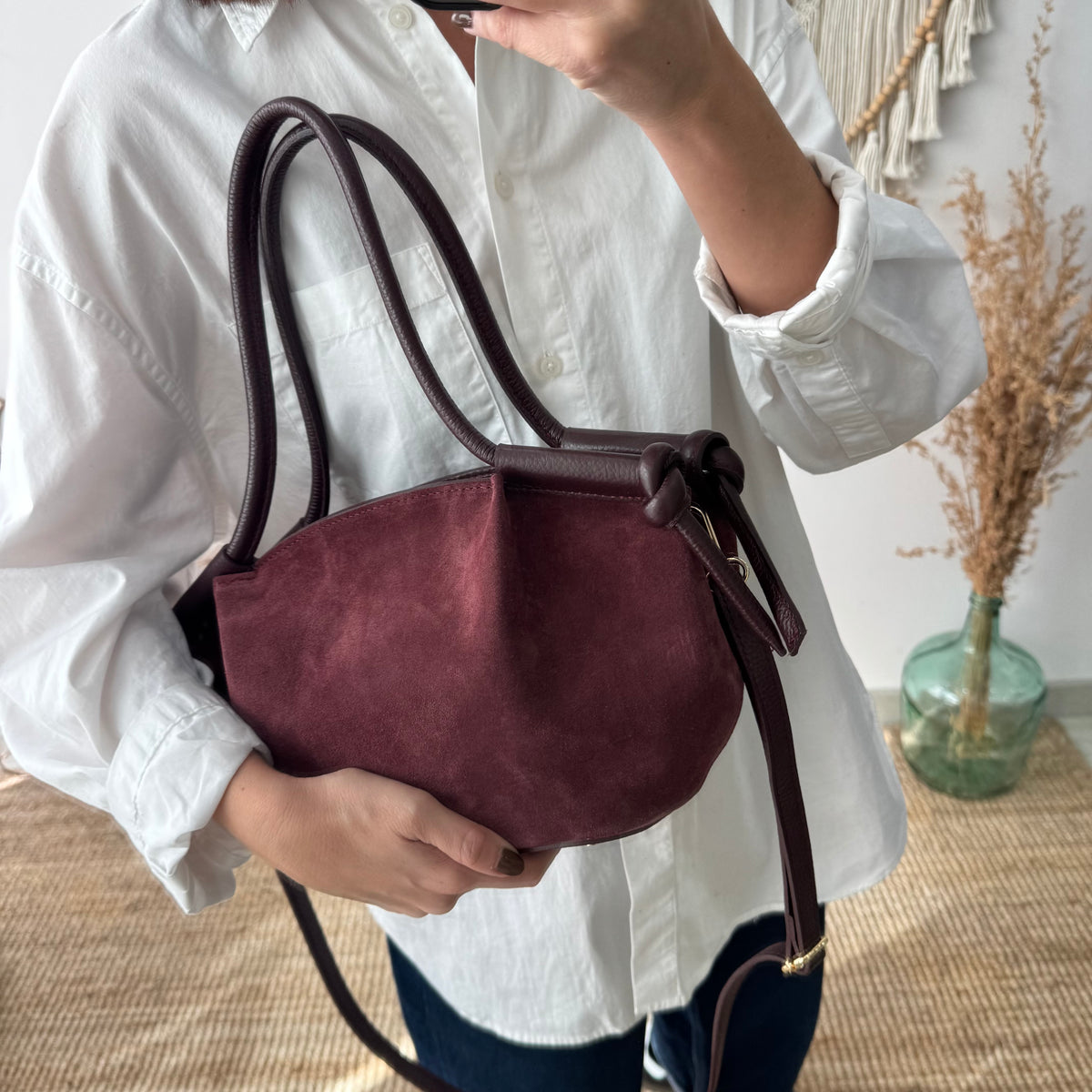 Bolso fruncido lateral combinado granate