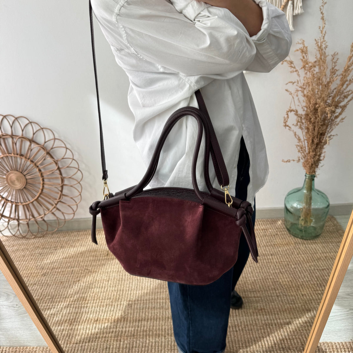 Bolso fruncido lateral combinado granate