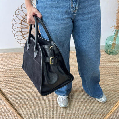 Shopper hebillas serraje y piel negro