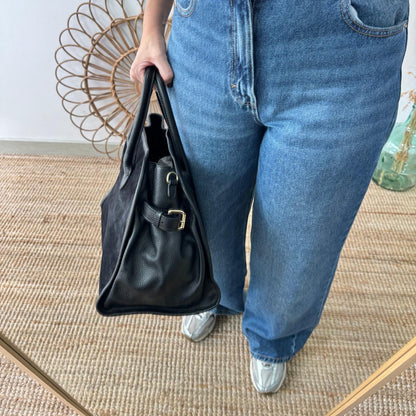 Shopper hebillas serraje y piel negro