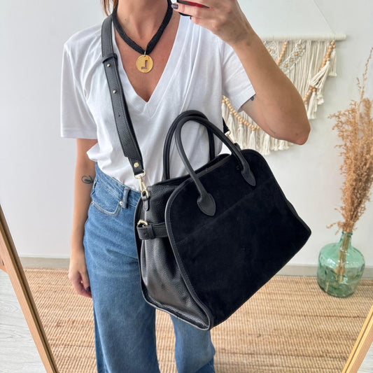 Shopper hebillas serraje y piel negro