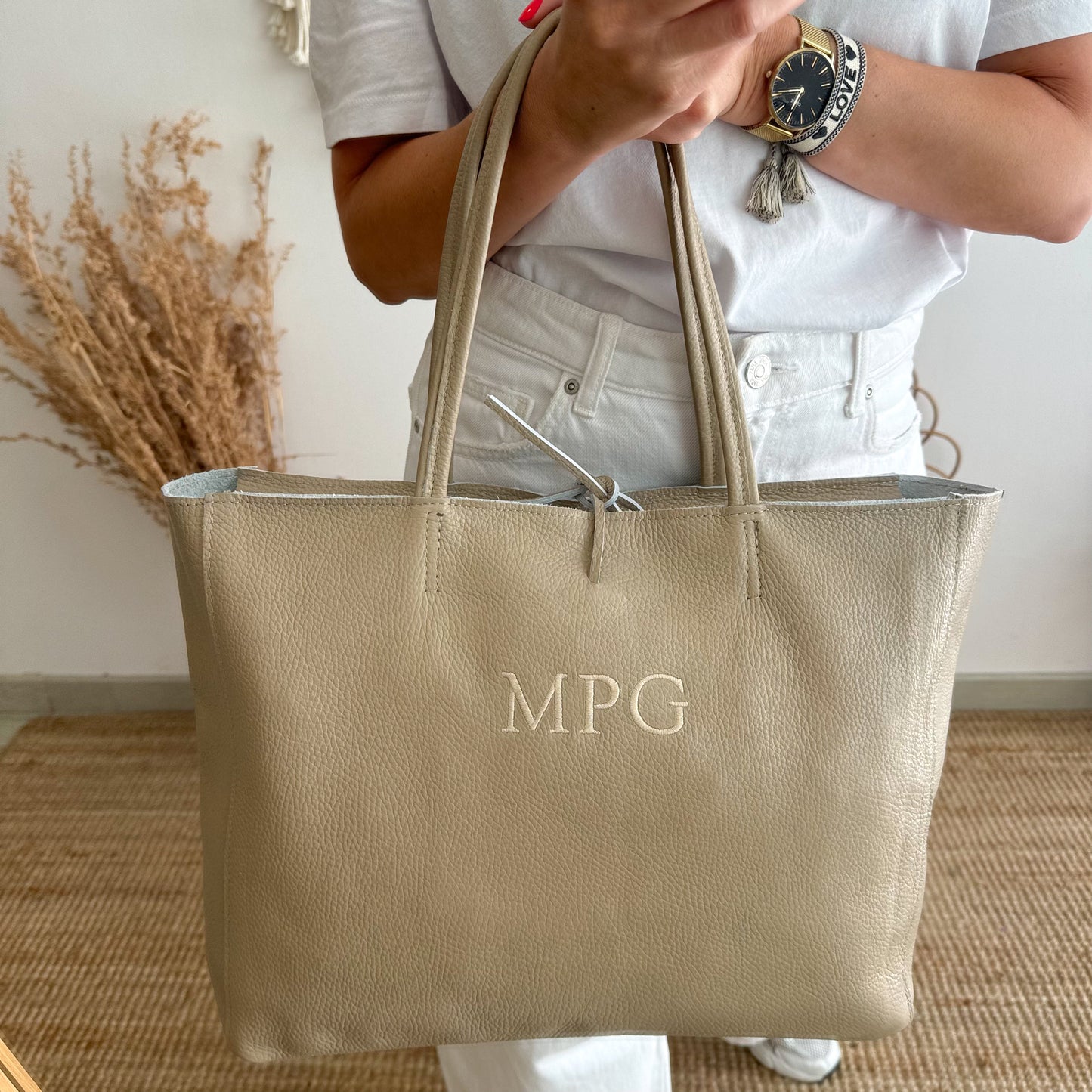 Shopper grande piel taupe cremallera personalizado iniciales bordadas