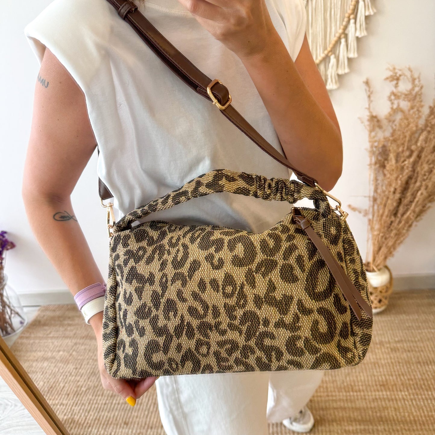 Bolso asa mano PU animal print marron