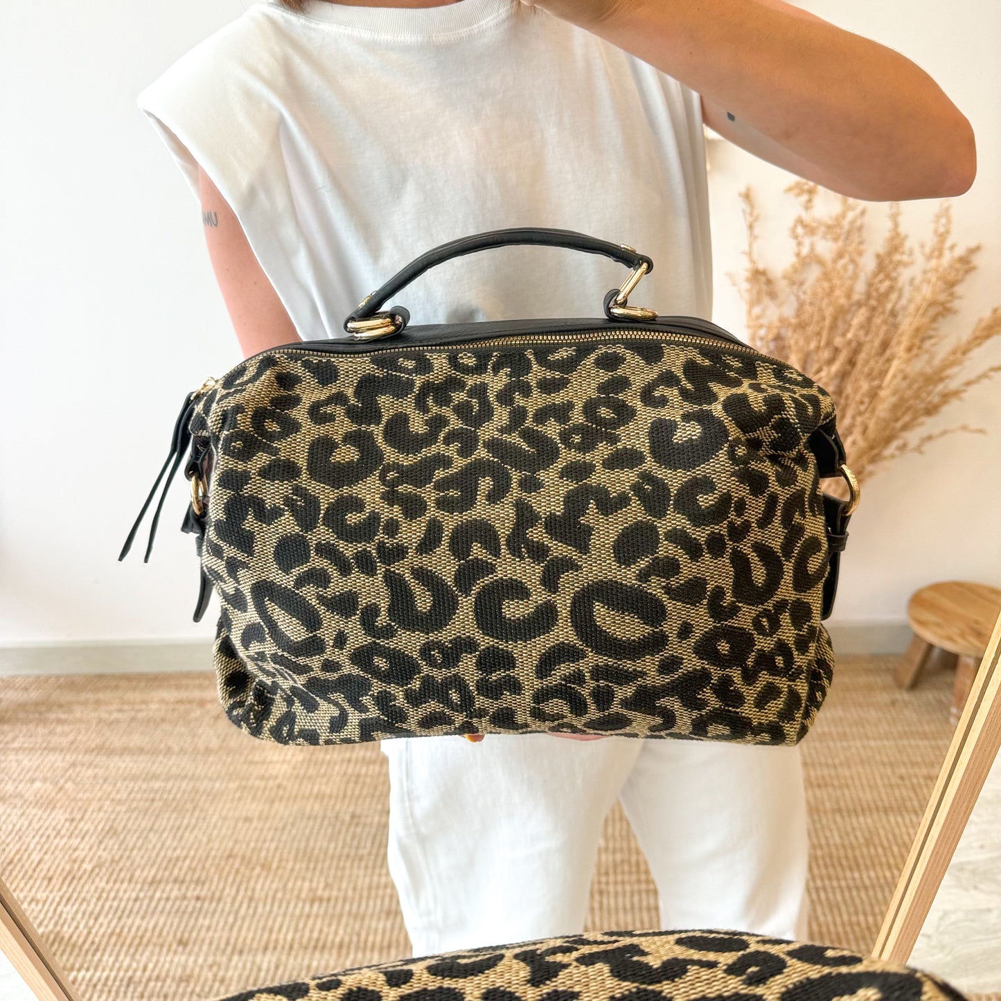 Bolso doble cremallera PU animal print negro