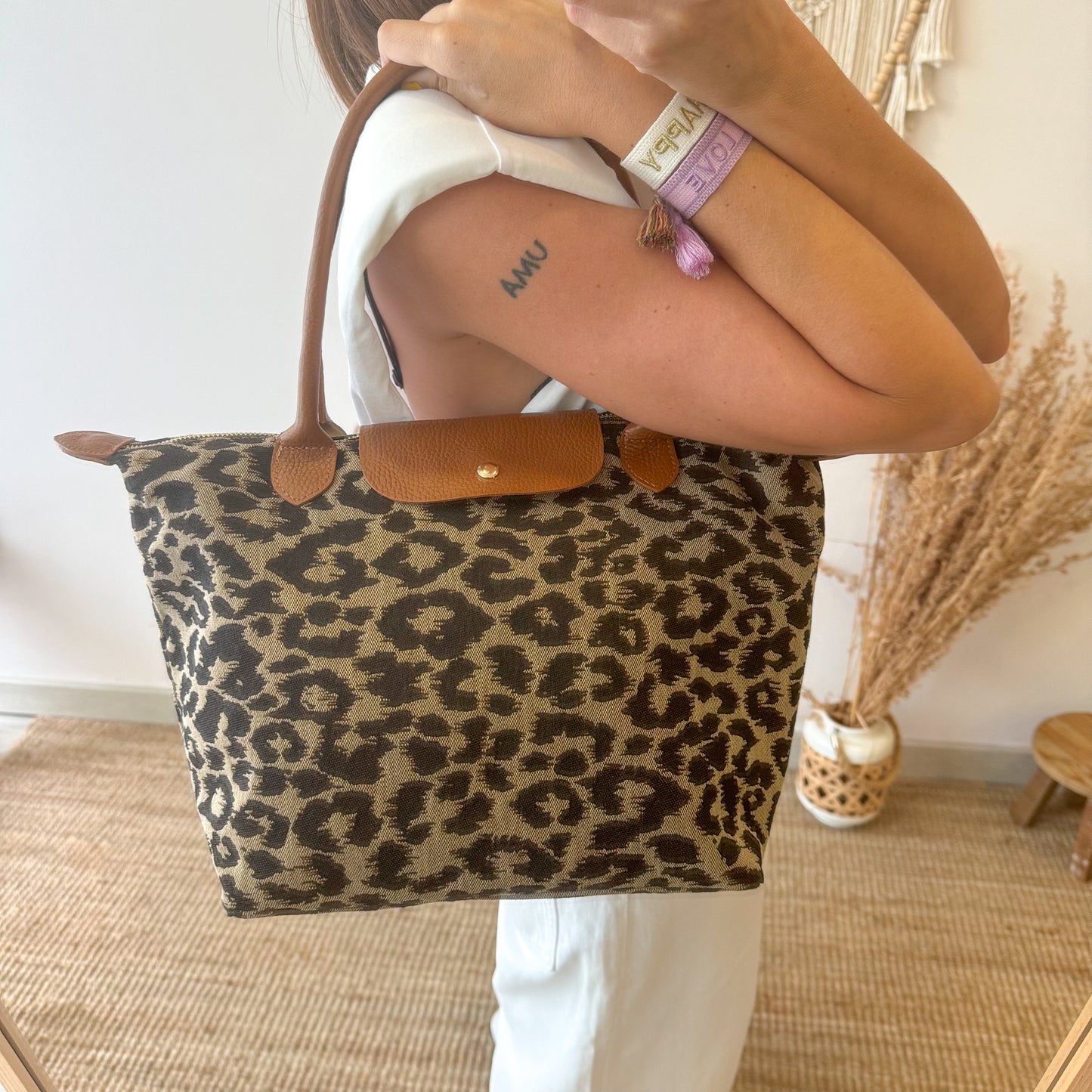 Bolso combinado piel animal print camel