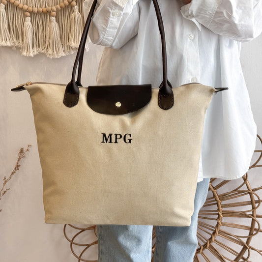 Bolso shopper loneta y piel beige iniciales bordadas MPG MUESTRARIO