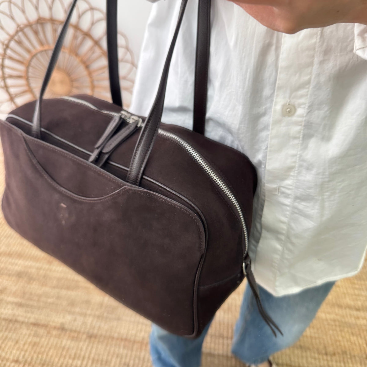 Bolso Bowling serraje y piel marrón chocolate