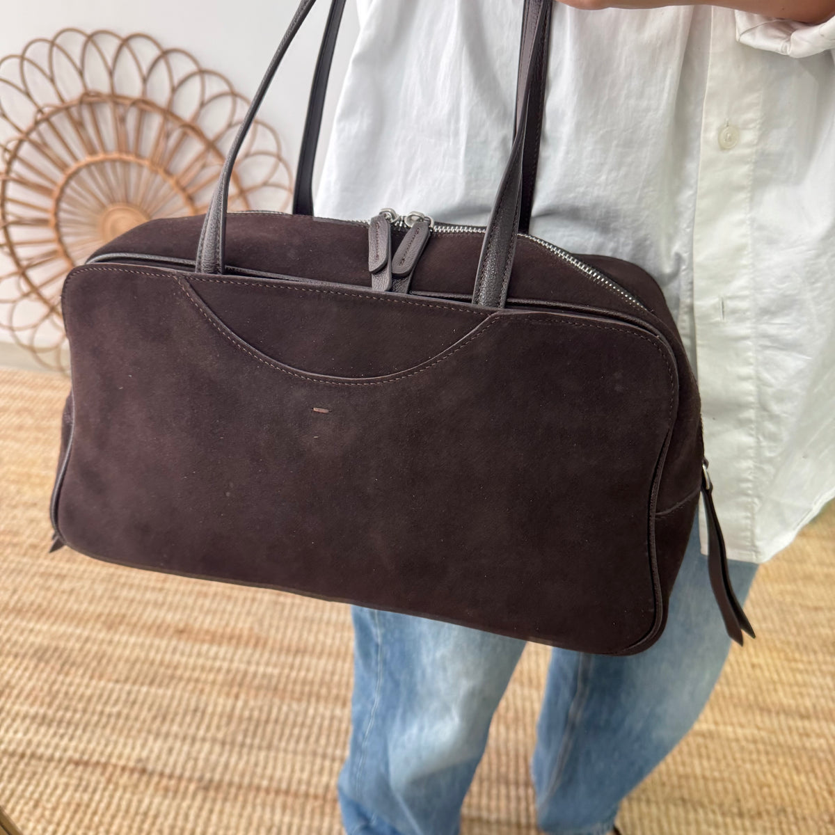 Bolso Bowling serraje y piel marrón chocolate