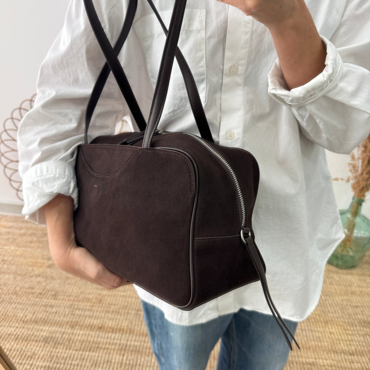 Bolso Bowling serraje y piel marrón chocolate